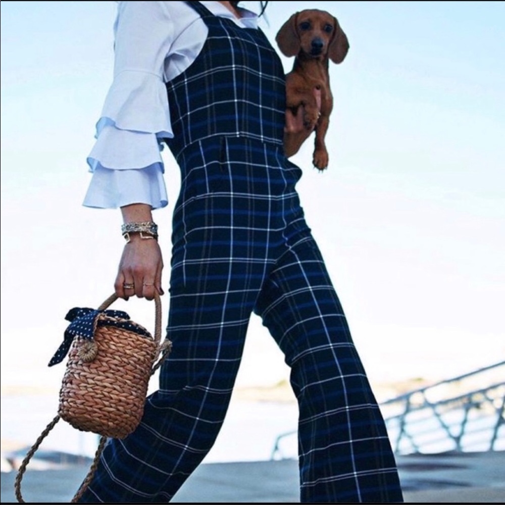 Zara Check Plaid Navy Overall Dressy Flare Cut NWT